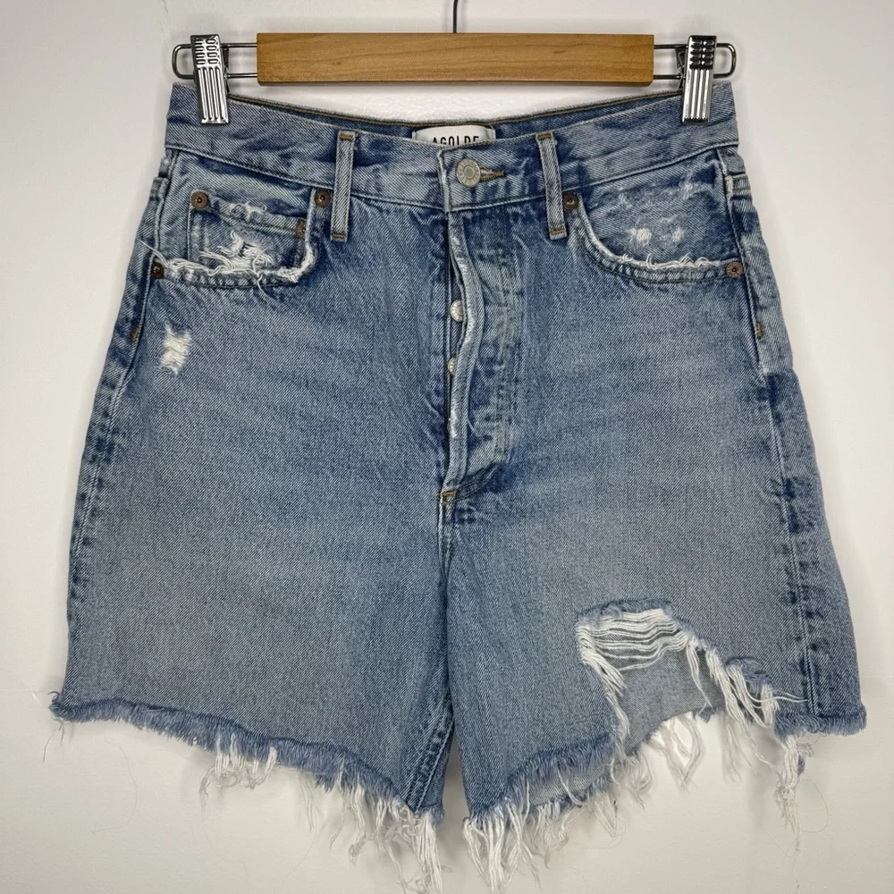 AGOLDE Light Wash Stella Distressed Long Denim Shorts